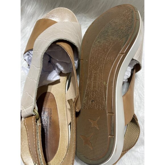 Pikolinos Womens Leather Sandals Beige & Tan Open Toe Croc Embossed Crisscross - Picture 7 of 8